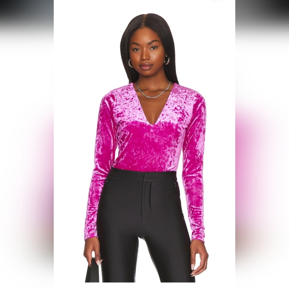 Good American Fuchsia Crushed Velvet Bodysuit Barbiecore Party Top